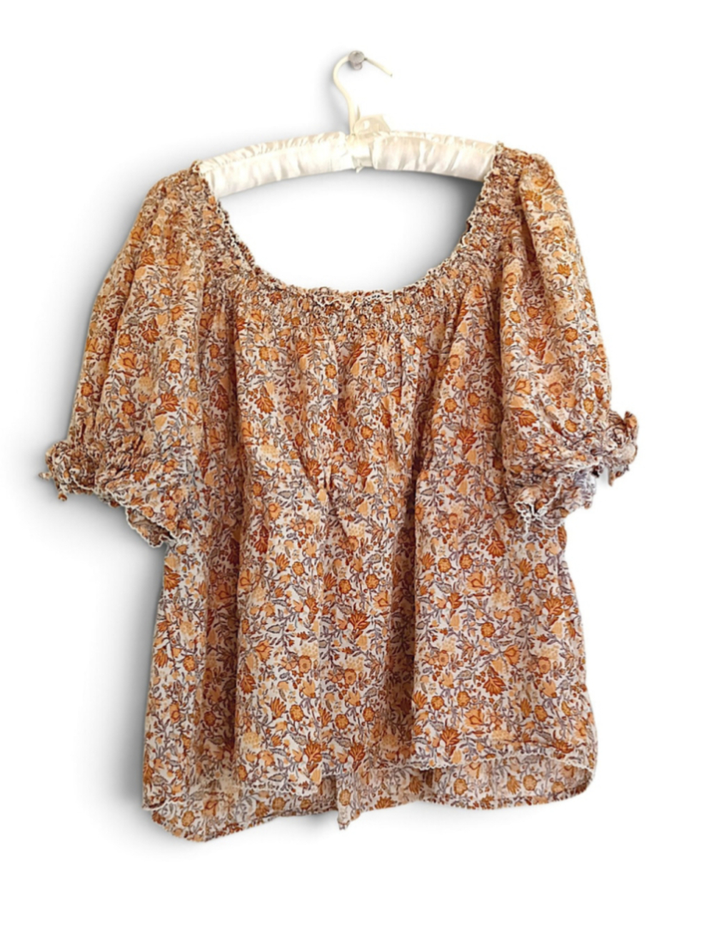 Old Navy Smocked Ditsy Floral blouse orange autumn off shoulder balloon sleeves